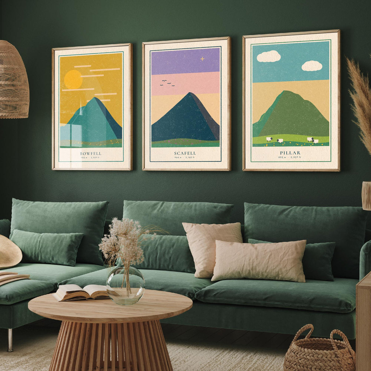 Lakeland Fells Set of Three Art Prints - Bowfell, Scafell, Pillar - Linocut Style Poster Illustration V1
