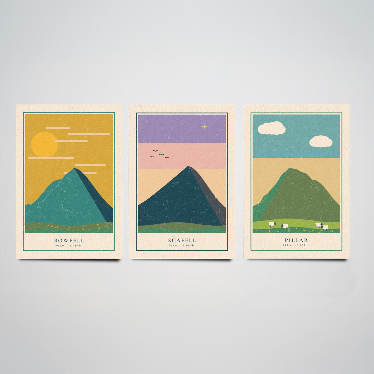 Lakeland Fells Set of Three Art Prints - Bowfell, Scafell, Pillar - Linocut Style Poster Illustration V1