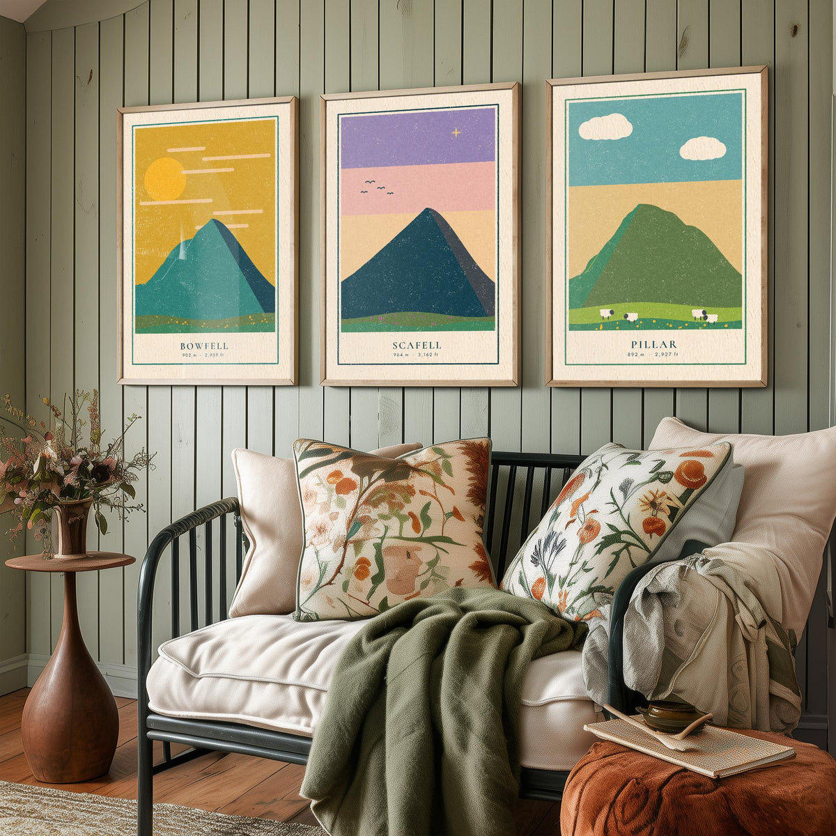 Lakeland Fells Set of Three Art Prints - Bowfell, Scafell, Pillar - Linocut Style Poster Illustration V1