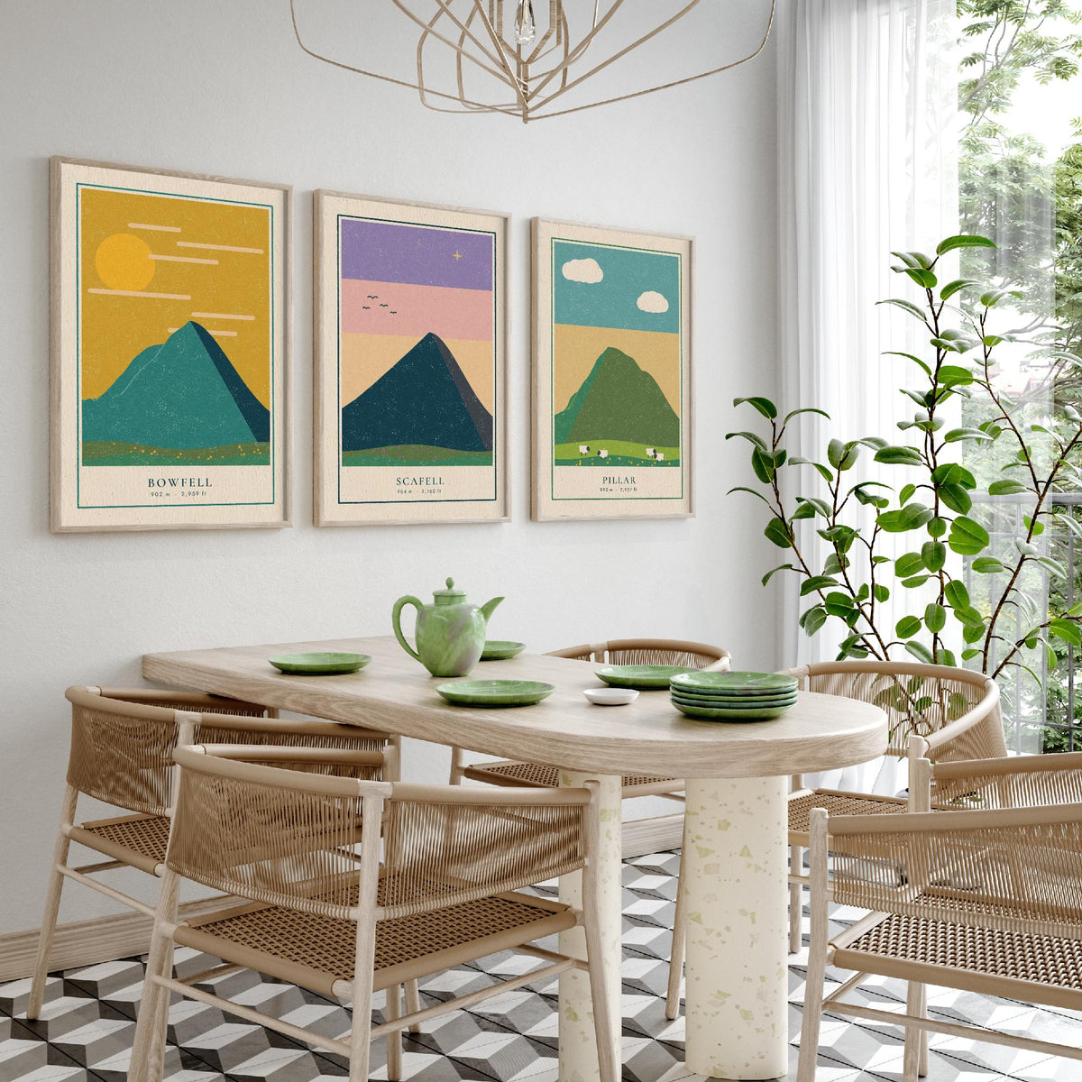 Lakeland Fells Set of Three Art Prints - Bowfell, Scafell, Pillar - Linocut Style Poster Illustration V1