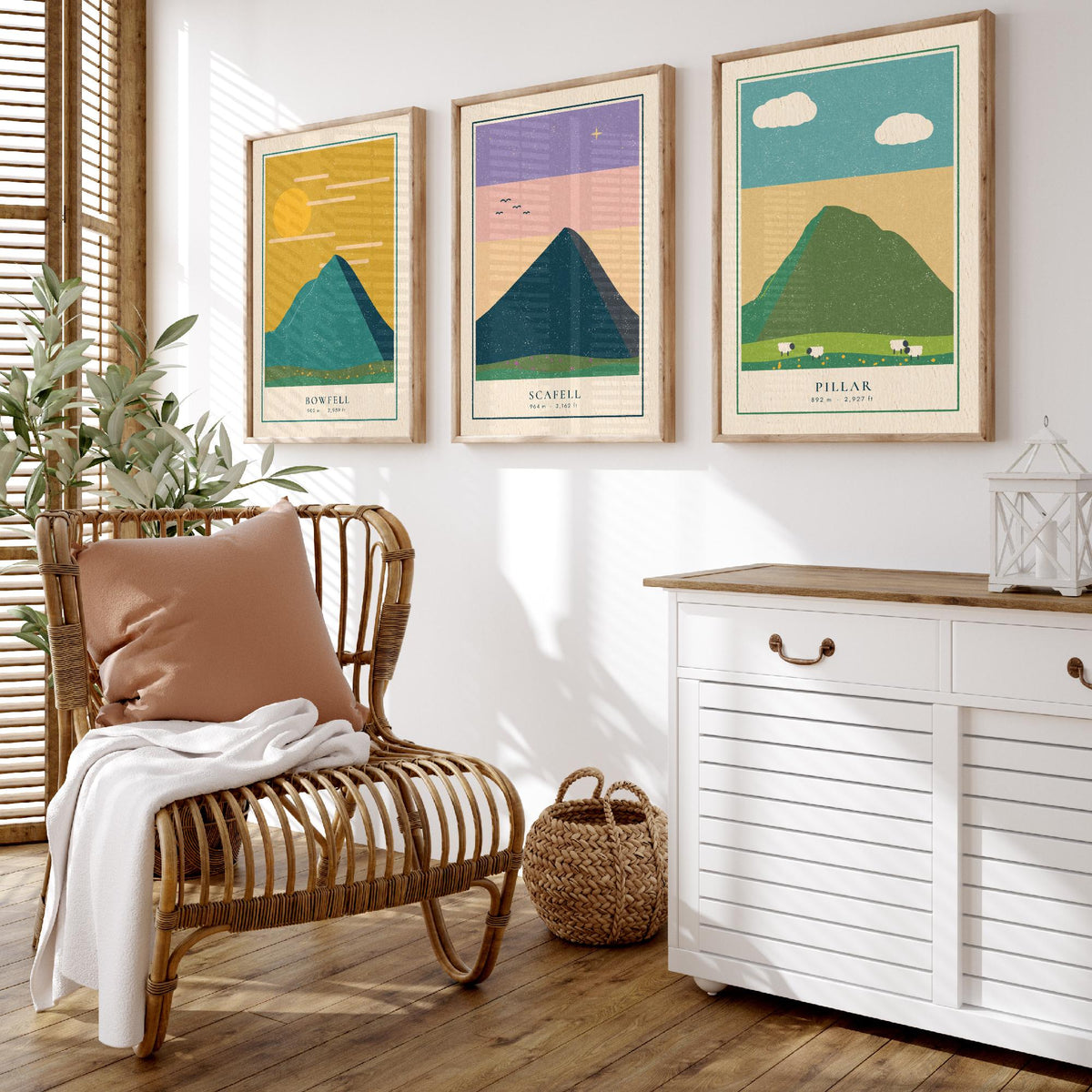 Lakeland Fells Set of Three Art Prints - Bowfell, Scafell, Pillar - Linocut Style Poster Illustration V1