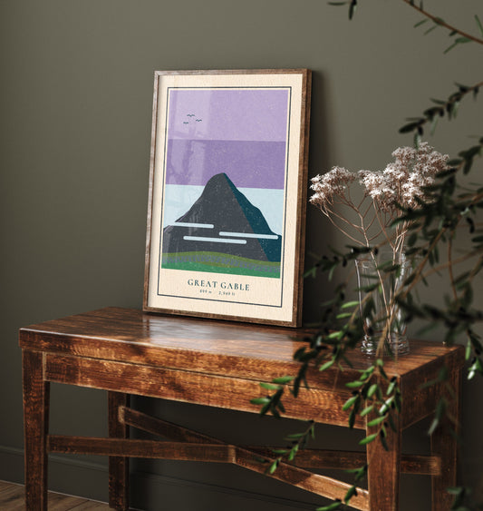 Great Gable Art Print - Misty Wasdale Mountain Poster - Lilac Lakeland Linocut Style Illustration V2 1/3