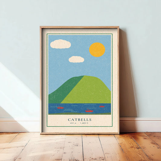 Catbells Art Print - Derwentwater Rowing Boats Poster - Sunny Keswick Fell Woodcut V2 2/3