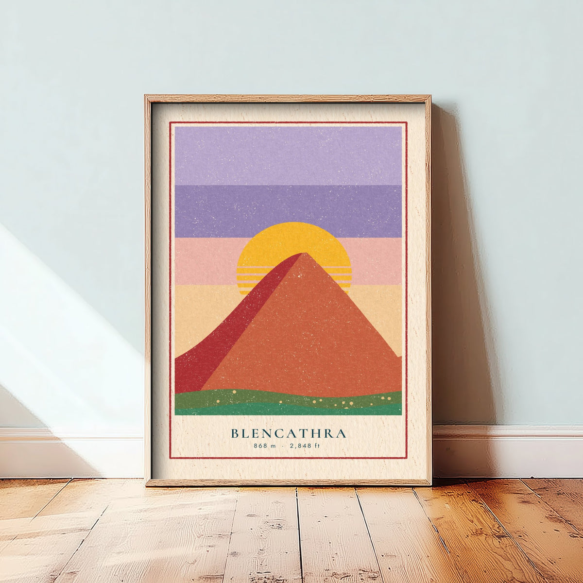 Blencathra Art Print - Saddleback Sunset Mountain Poster - Retro Striped Sun Woodcut V2 3/3