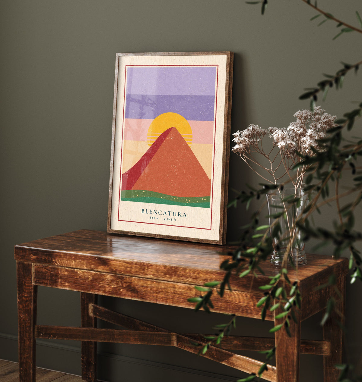 Blencathra Art Print - Saddleback Sunset Mountain Poster - Retro Striped Sun Woodcut V2 3/3
