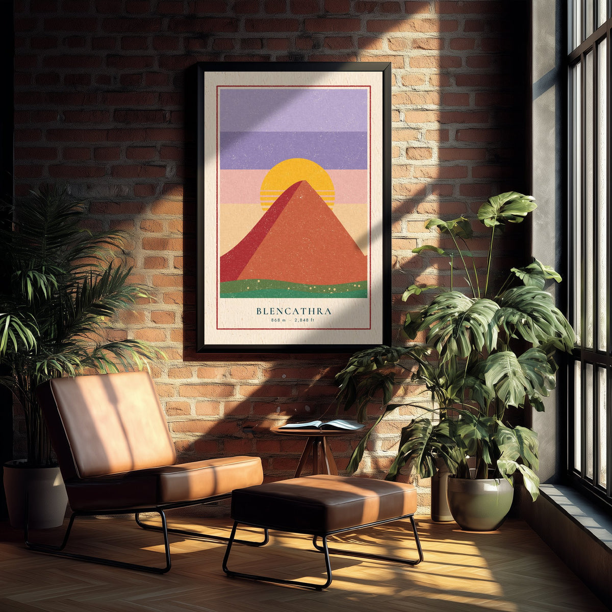 Blencathra Art Print - Saddleback Sunset Mountain Poster - Retro Striped Sun Woodcut V2 3/3
