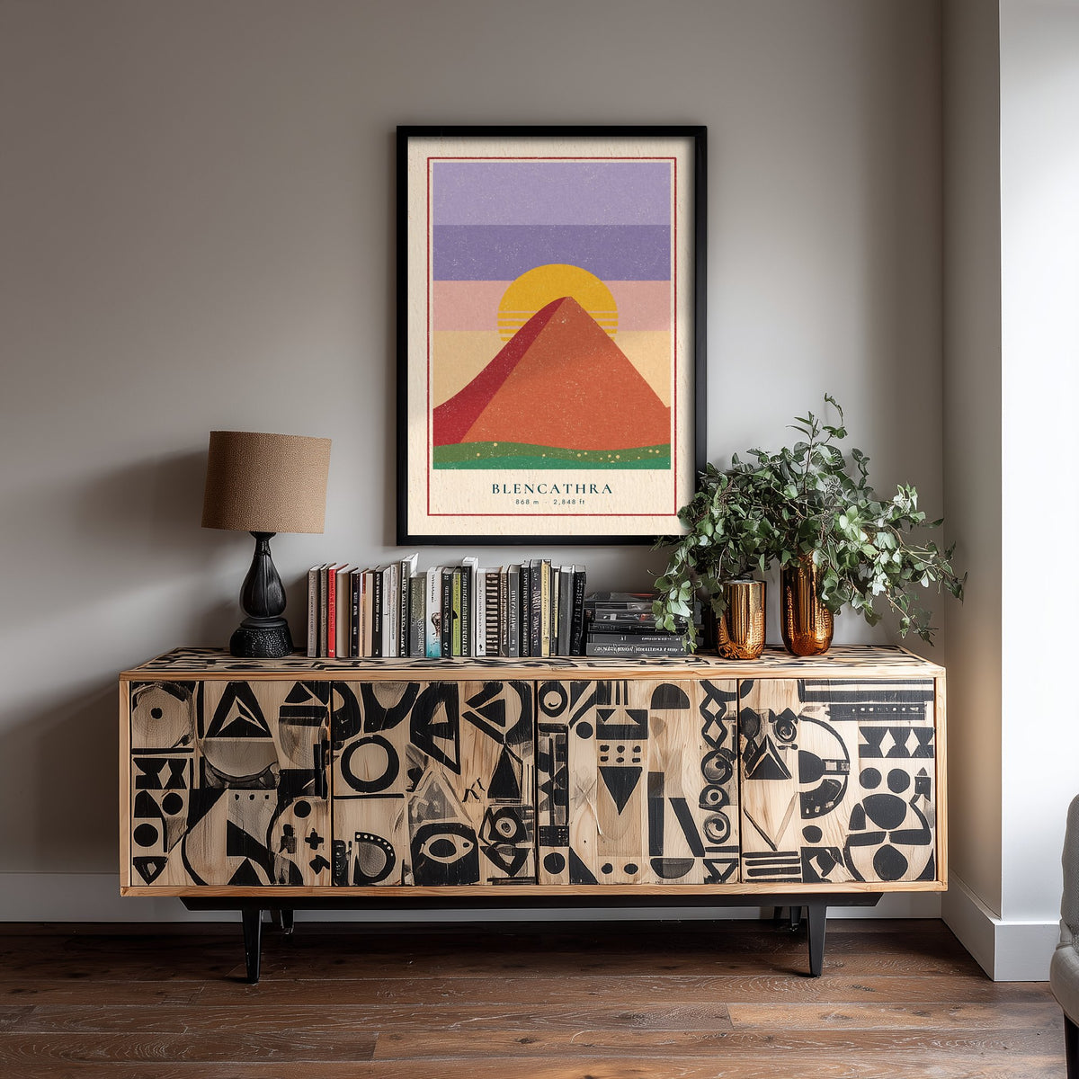 Blencathra Art Print - Saddleback Sunset Mountain Poster - Retro Striped Sun Woodcut V2 3/3
