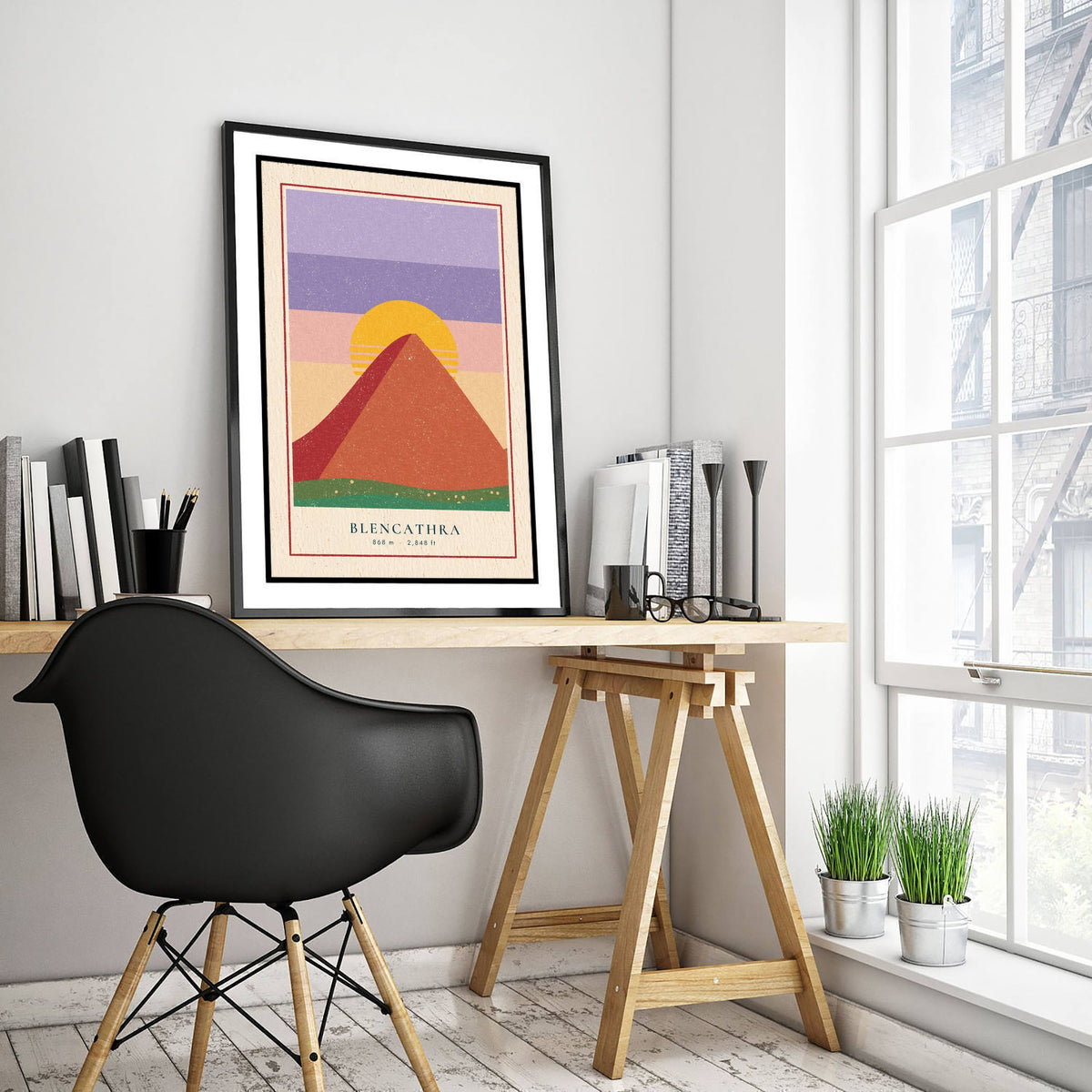 Blencathra Art Print - Saddleback Sunset Mountain Poster - Retro Striped Sun Woodcut V2 3/3