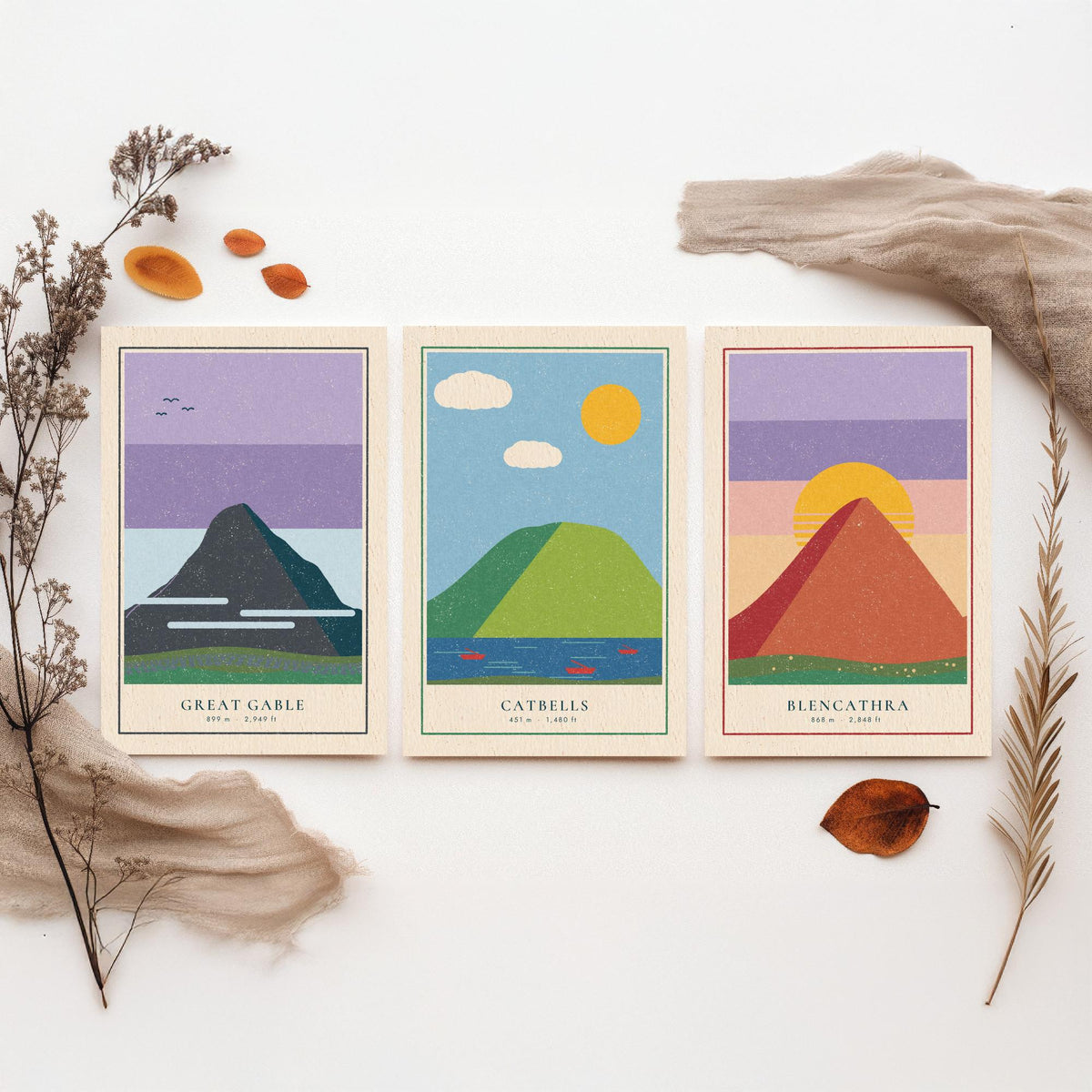 Lake District Peaks Set of Three Art Prints - Great Gable, Catbells, Blencathra - Linocut Style Poster Illustration V2