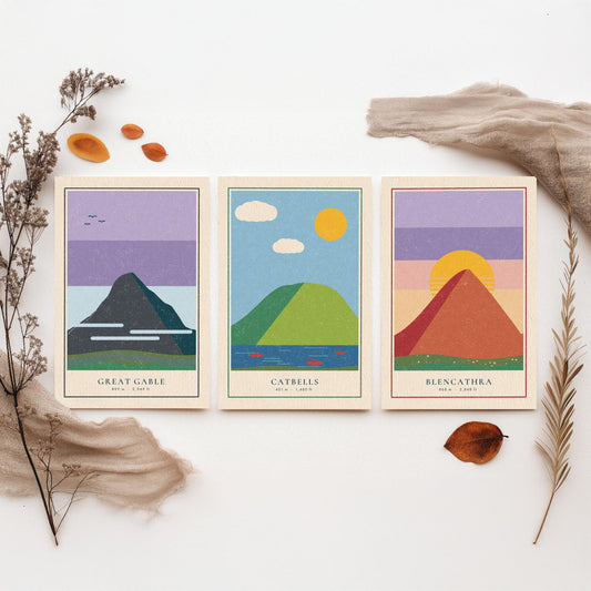 Lake District Peaks Set of Three Art Prints - Great Gable, Catbells, Blencathra - Linocut Style Poster Illustration V2