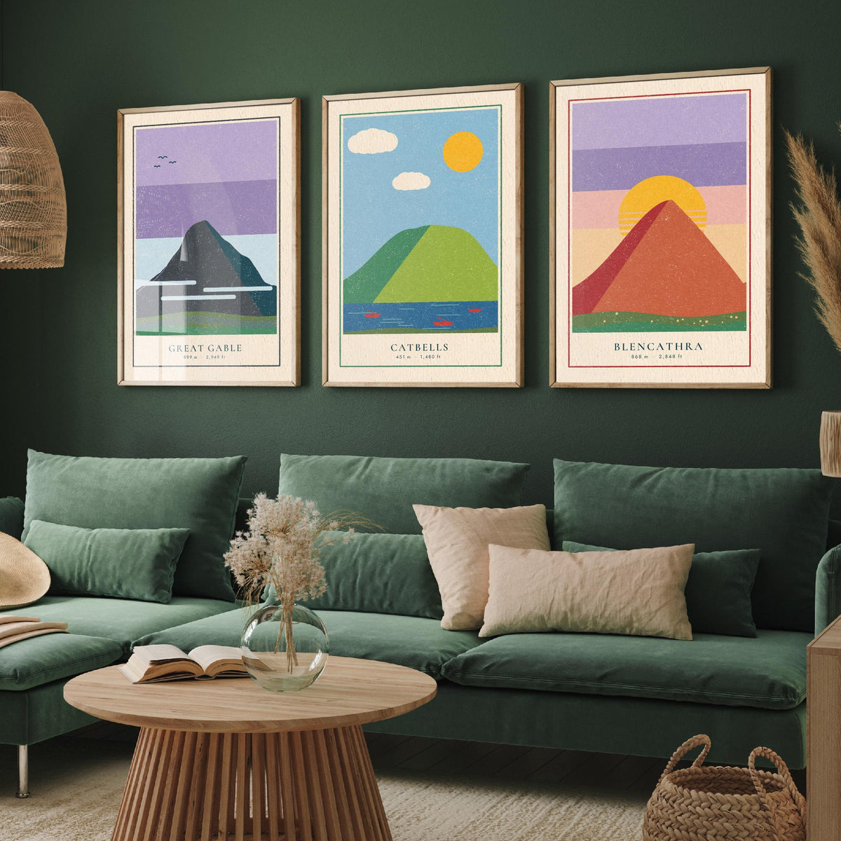 Lake District Peaks Set of Three Art Prints - Great Gable, Catbells, Blencathra - Linocut Style Poster Illustration V2