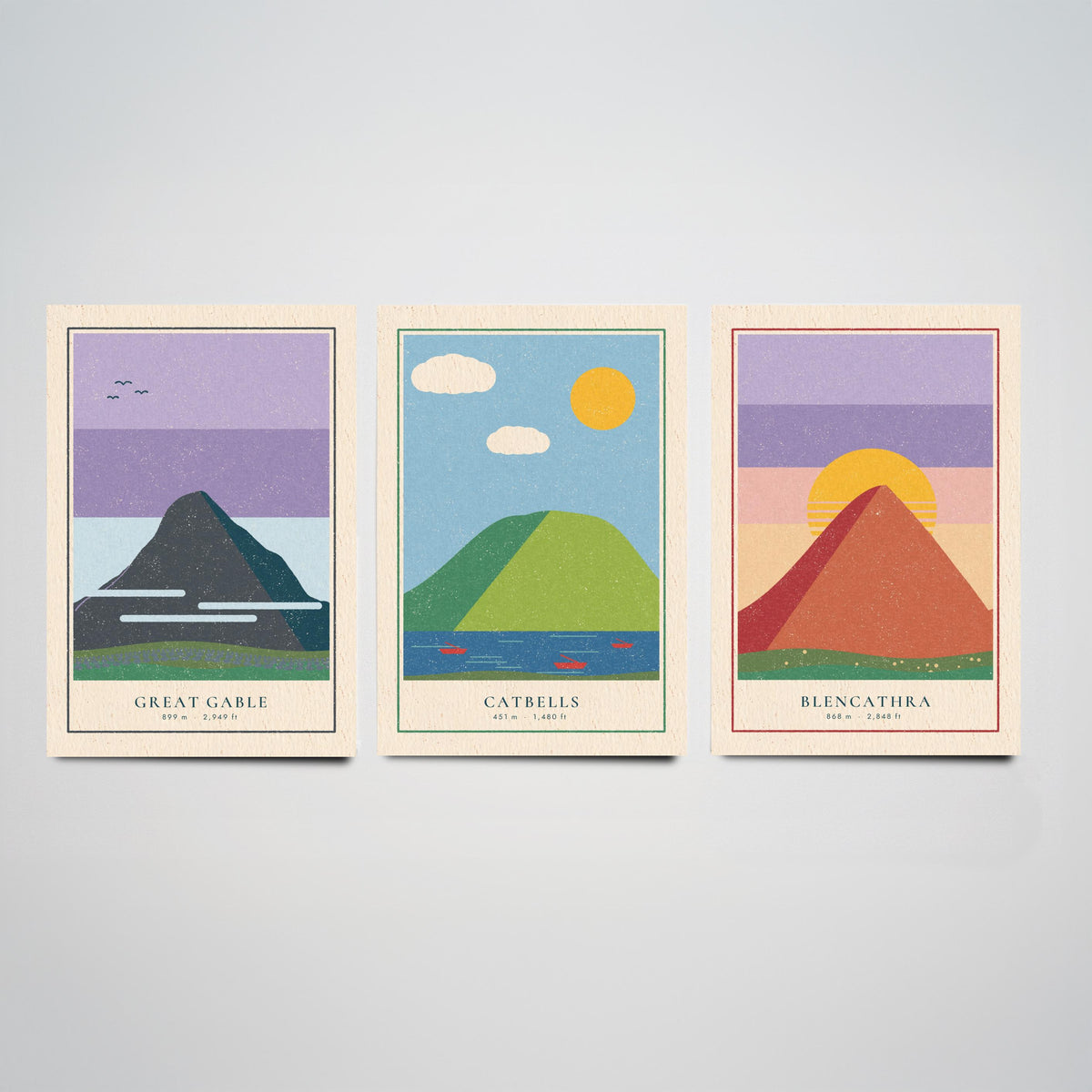 Lake District Peaks Set of Three Art Prints - Great Gable, Catbells, Blencathra - Linocut Style Poster Illustration V2