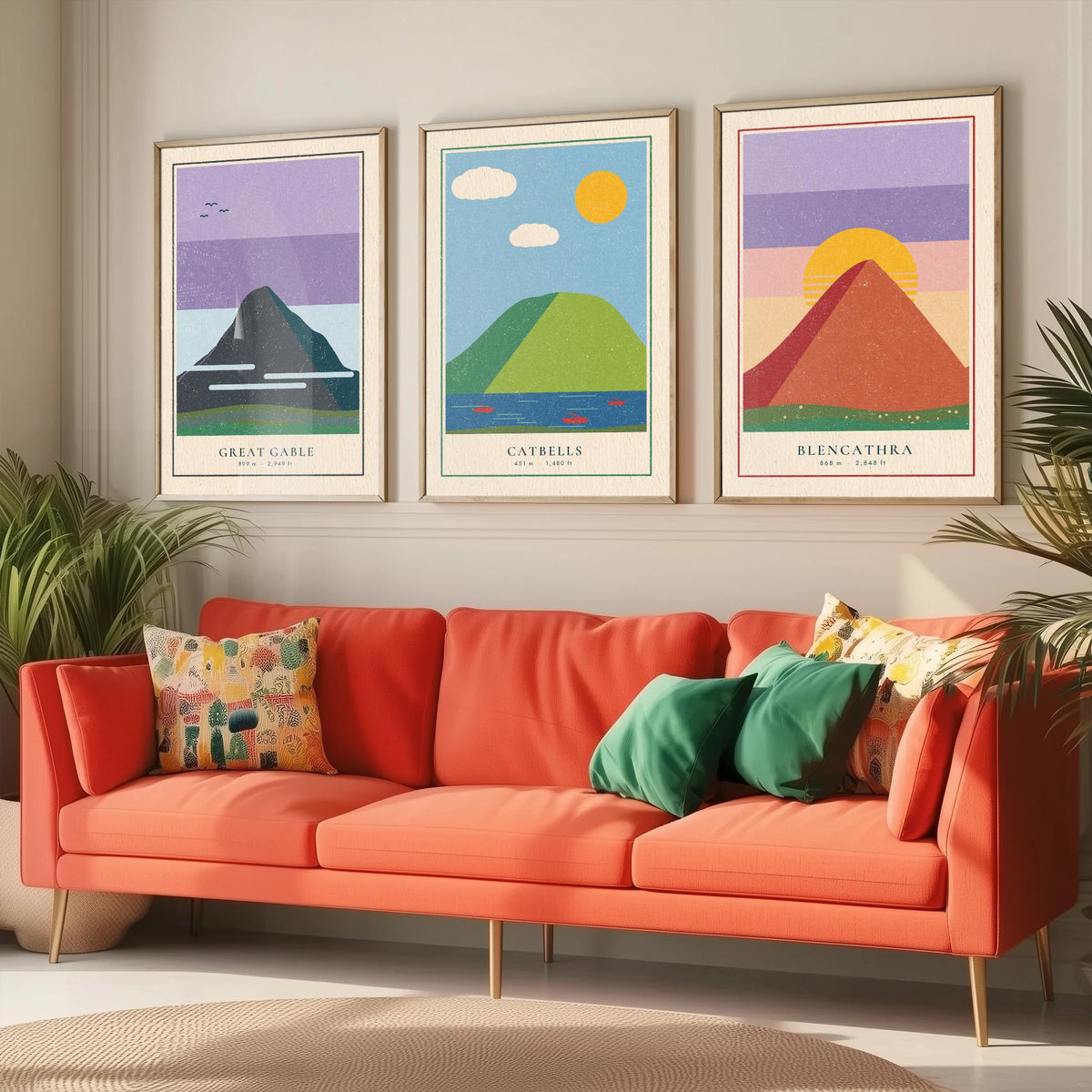 Lake District Peaks Set of Three Art Prints - Great Gable, Catbells, Blencathra - Linocut Style Poster Illustration V2