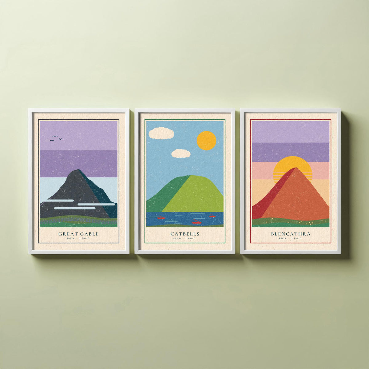 Lake District Peaks Set of Three Art Prints - Great Gable, Catbells, Blencathra - Linocut Style Poster Illustration V2