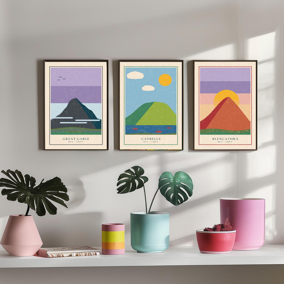 Lake District Peaks Set of Three Art Prints - Great Gable, Catbells, Blencathra - Linocut Style Poster Illustration V2