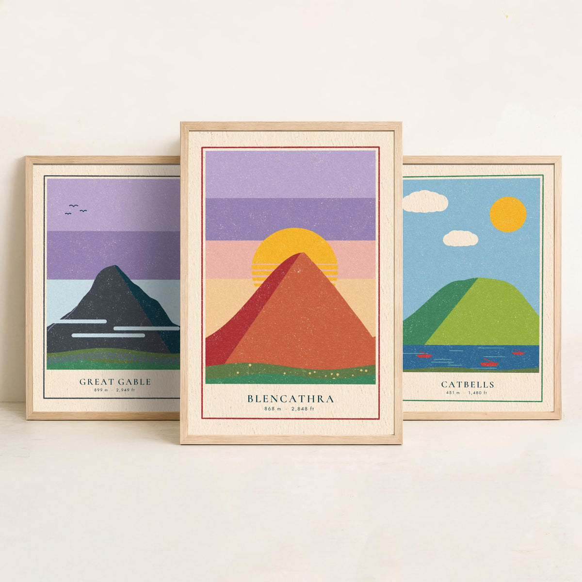 Lake District Peaks Set of Three Art Prints - Great Gable, Catbells, Blencathra - Linocut Style Poster Illustration V2