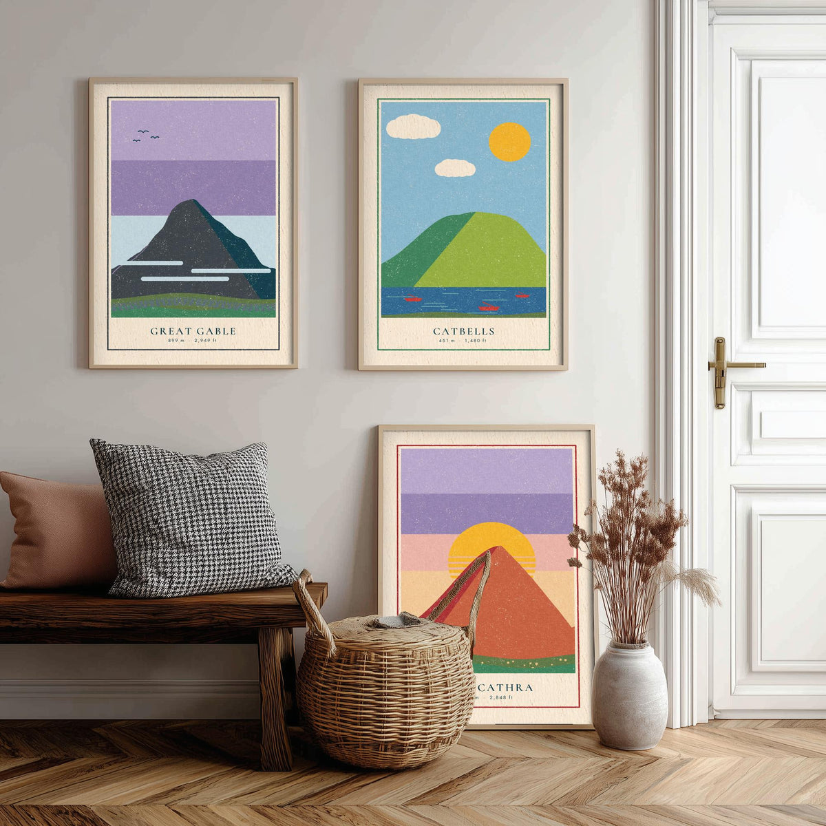 Lake District Peaks Set of Three Art Prints - Great Gable, Catbells, Blencathra - Linocut Style Poster Illustration V2