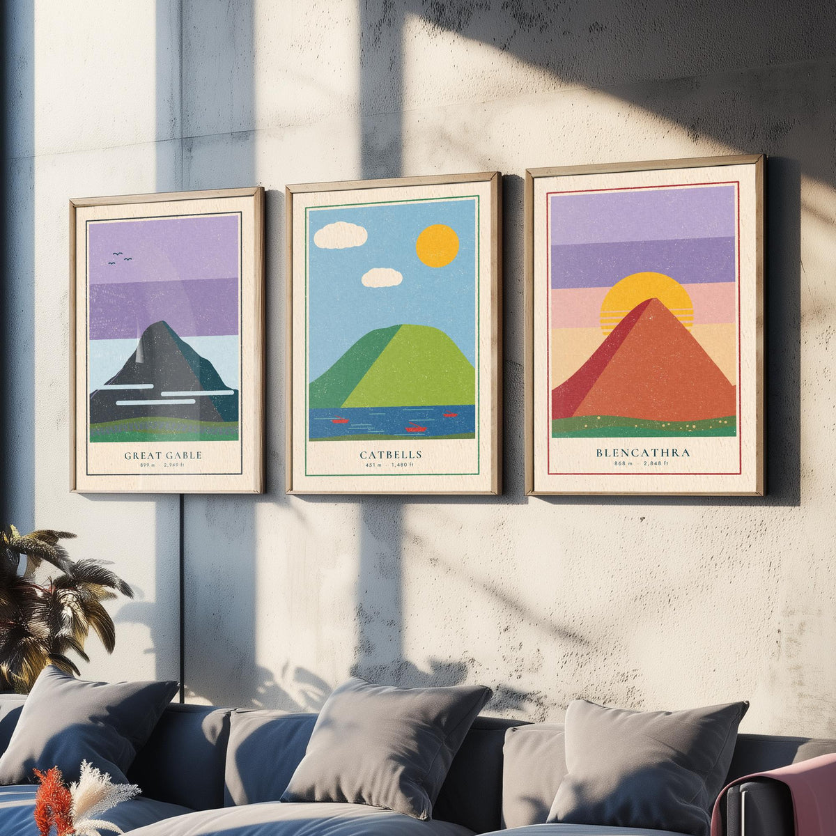 Lake District Peaks Set of Three Art Prints - Great Gable, Catbells, Blencathra - Linocut Style Poster Illustration V2