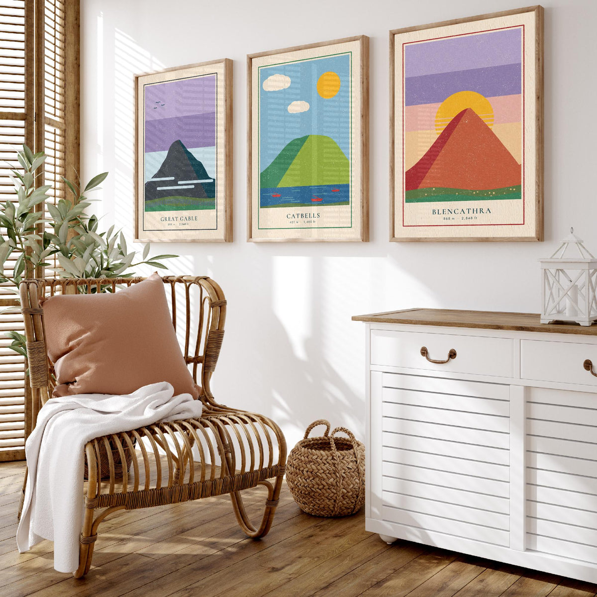 Lake District Peaks Set of Three Art Prints - Great Gable, Catbells, Blencathra - Linocut Style Poster Illustration V2