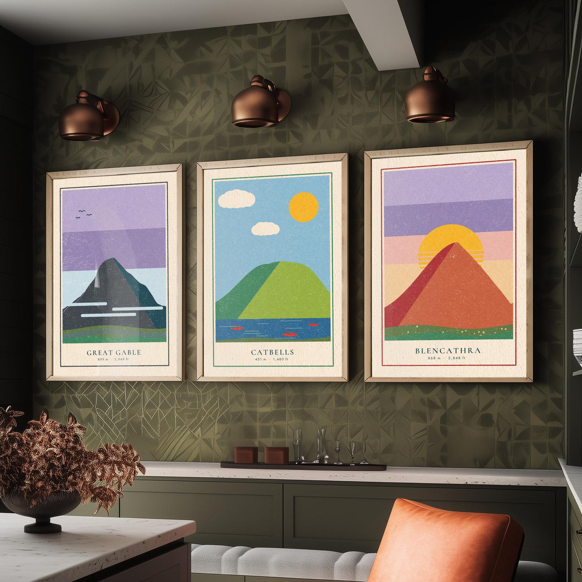 Lake District Peaks Set of Three Art Prints - Great Gable, Catbells, Blencathra - Linocut Style Poster Illustration V2