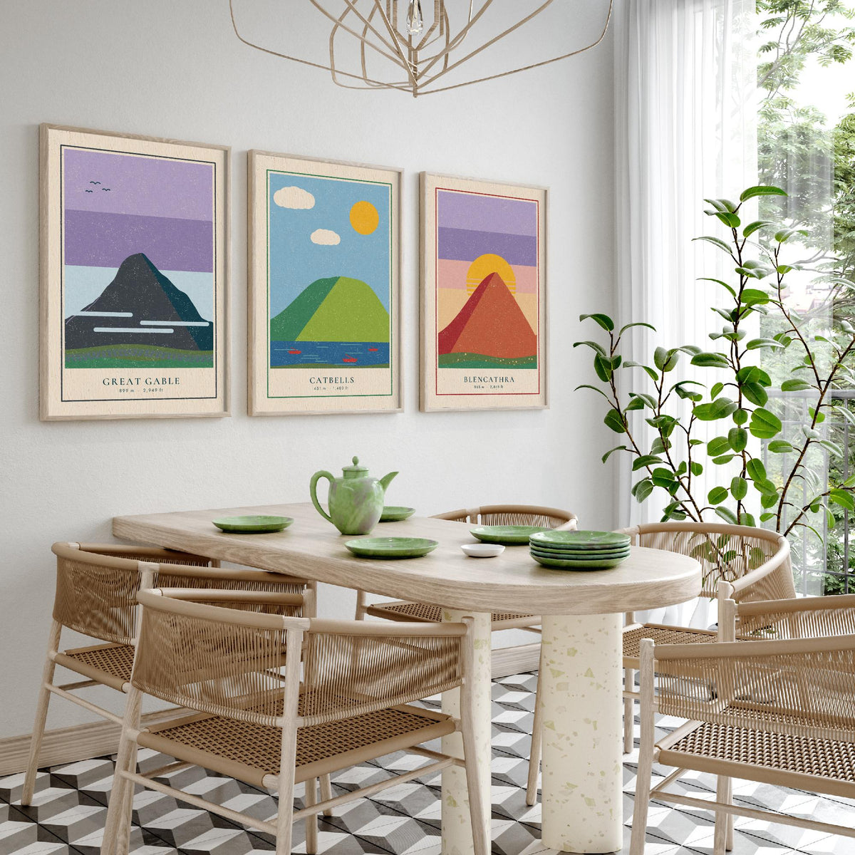 Lake District Peaks Set of Three Art Prints - Great Gable, Catbells, Blencathra - Linocut Style Poster Illustration V2