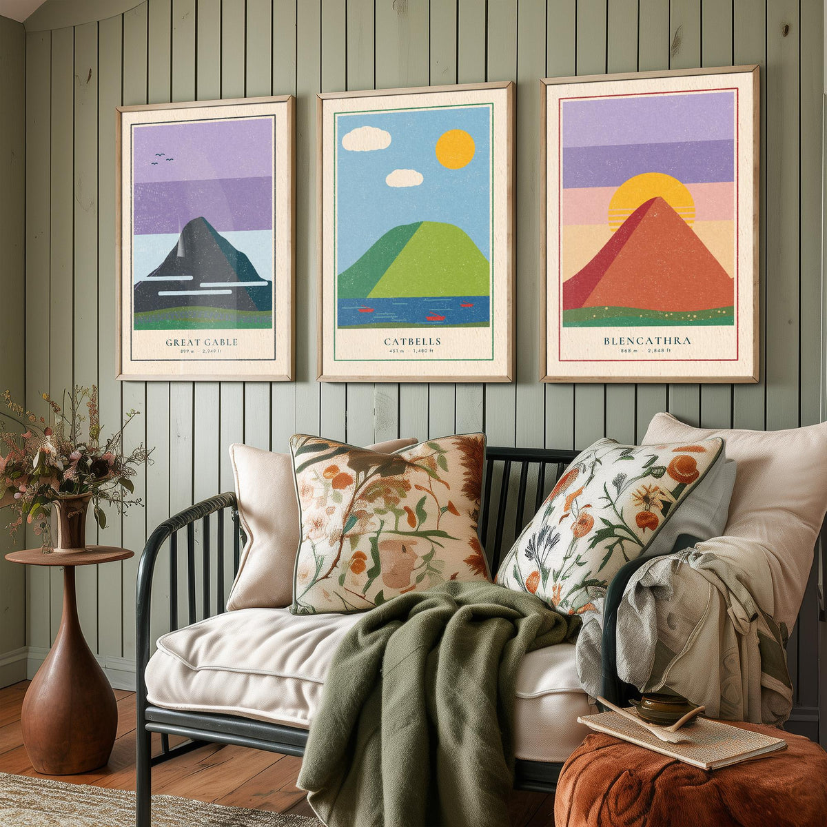 Lake District Peaks Set of Three Art Prints - Great Gable, Catbells, Blencathra - Linocut Style Poster Illustration V2