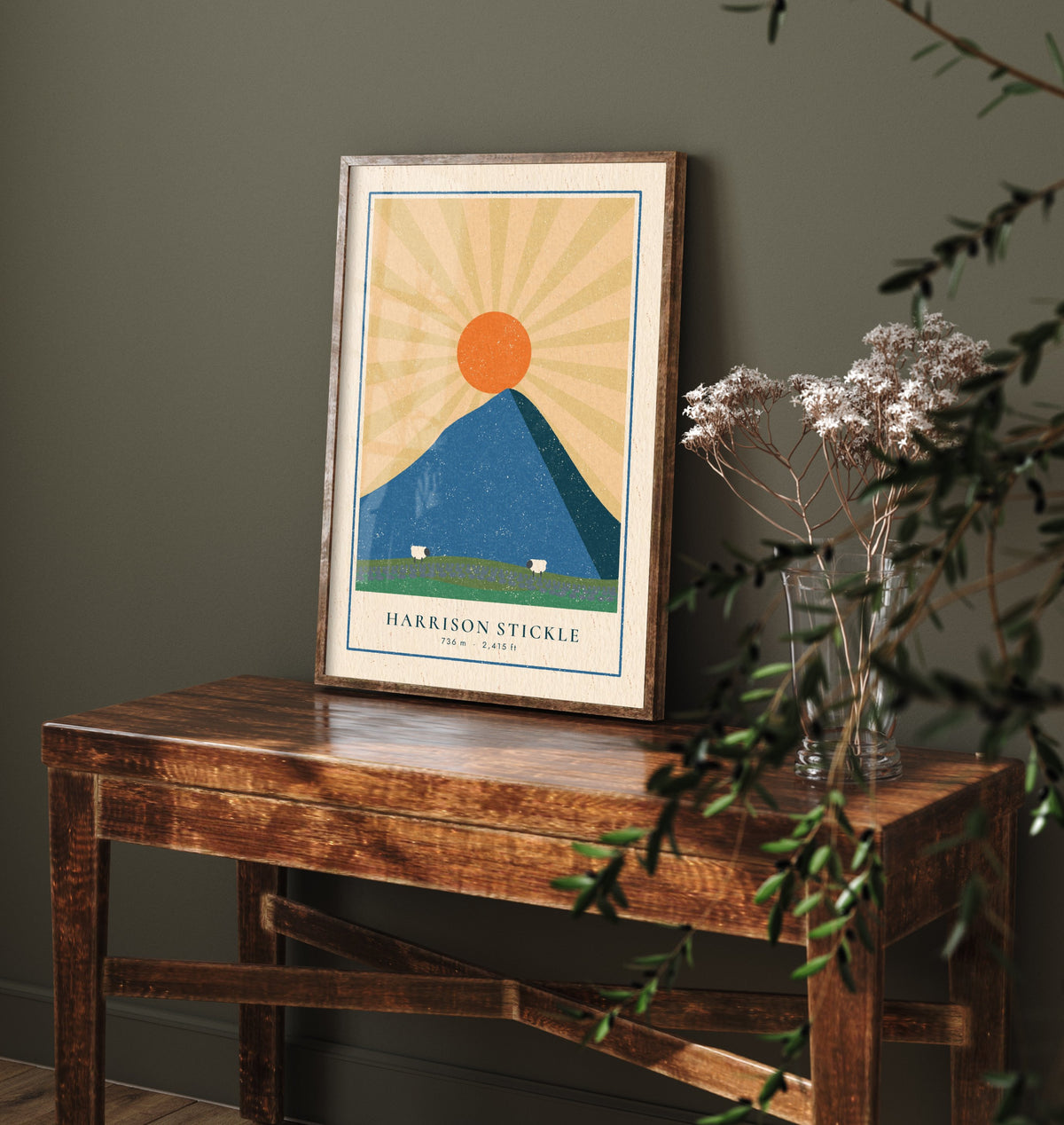 Harrison Stickle Art Print - Langdale Pikes Sunburst Poster - Blue Fell Linocut Style Illustration V2 1/3