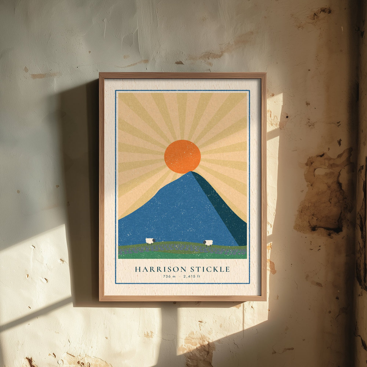 Harrison Stickle Art Print - Langdale Pikes Sunburst Poster - Blue Fell Linocut Style Illustration V2 1/3
