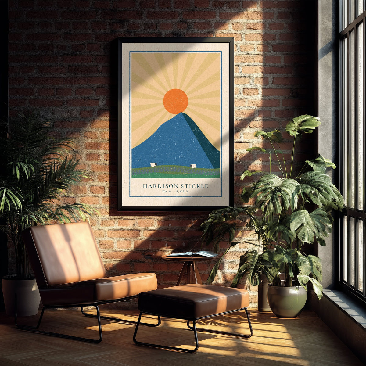 Harrison Stickle Art Print - Langdale Pikes Sunburst Poster - Blue Fell Linocut Style Illustration V2 1/3