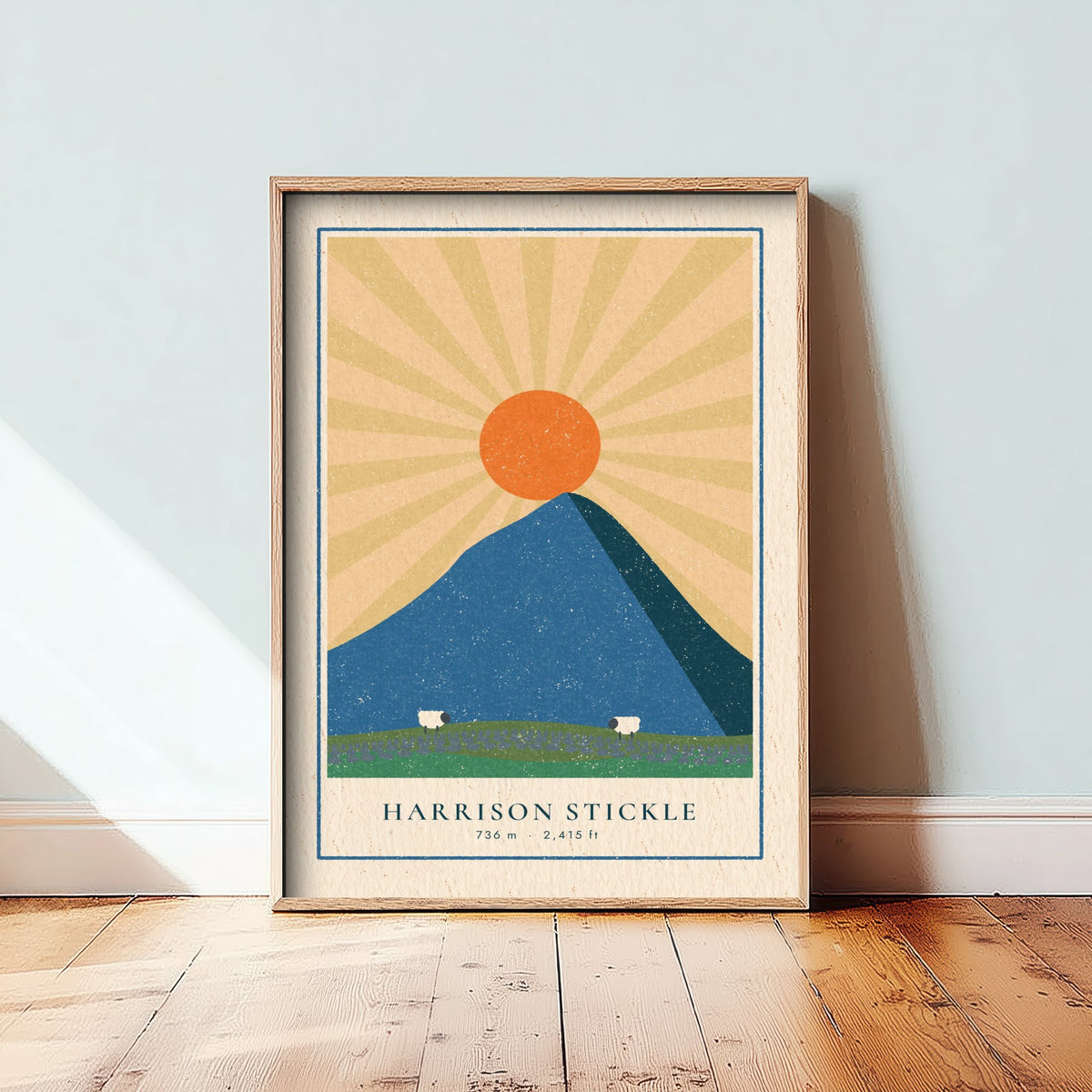 Harrison Stickle Art Print - Langdale Pikes Sunburst Poster - Blue Fell Linocut Style Illustration V2 1/3