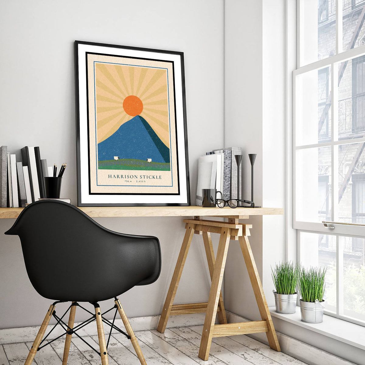 Harrison Stickle Art Print - Langdale Pikes Sunburst Poster - Blue Fell Linocut Style Illustration V2 1/3