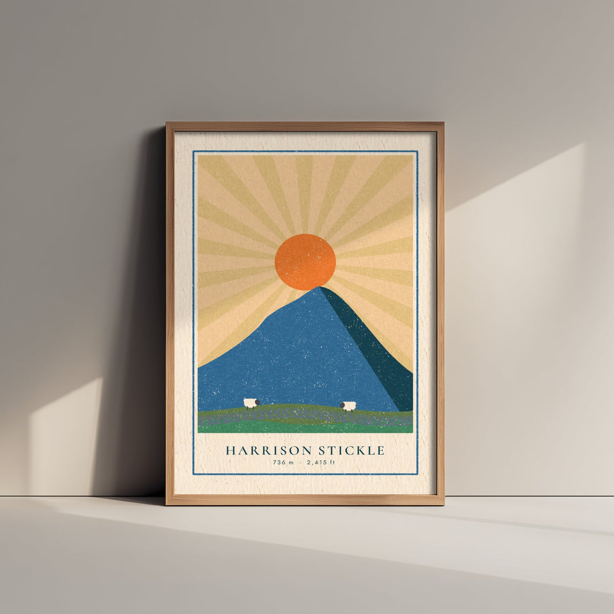 Harrison Stickle Art Print - Langdale Pikes Sunburst Poster - Blue Fell Linocut Style Illustration V2 1/3