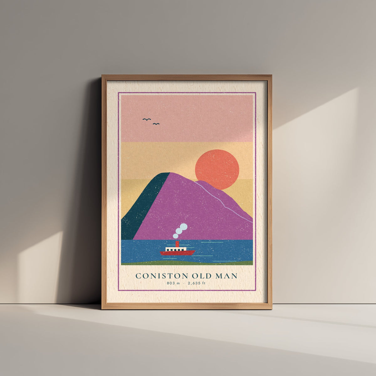 Coniston Old Man Art Print - Steam Boat on the Lake Poster - Pink Sunset Woodcut V2 2/3