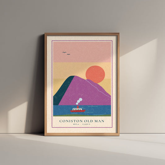 Coniston Old Man Art Print - Steam Boat on the Lake Poster - Pink Sunset Woodcut V2 2/3