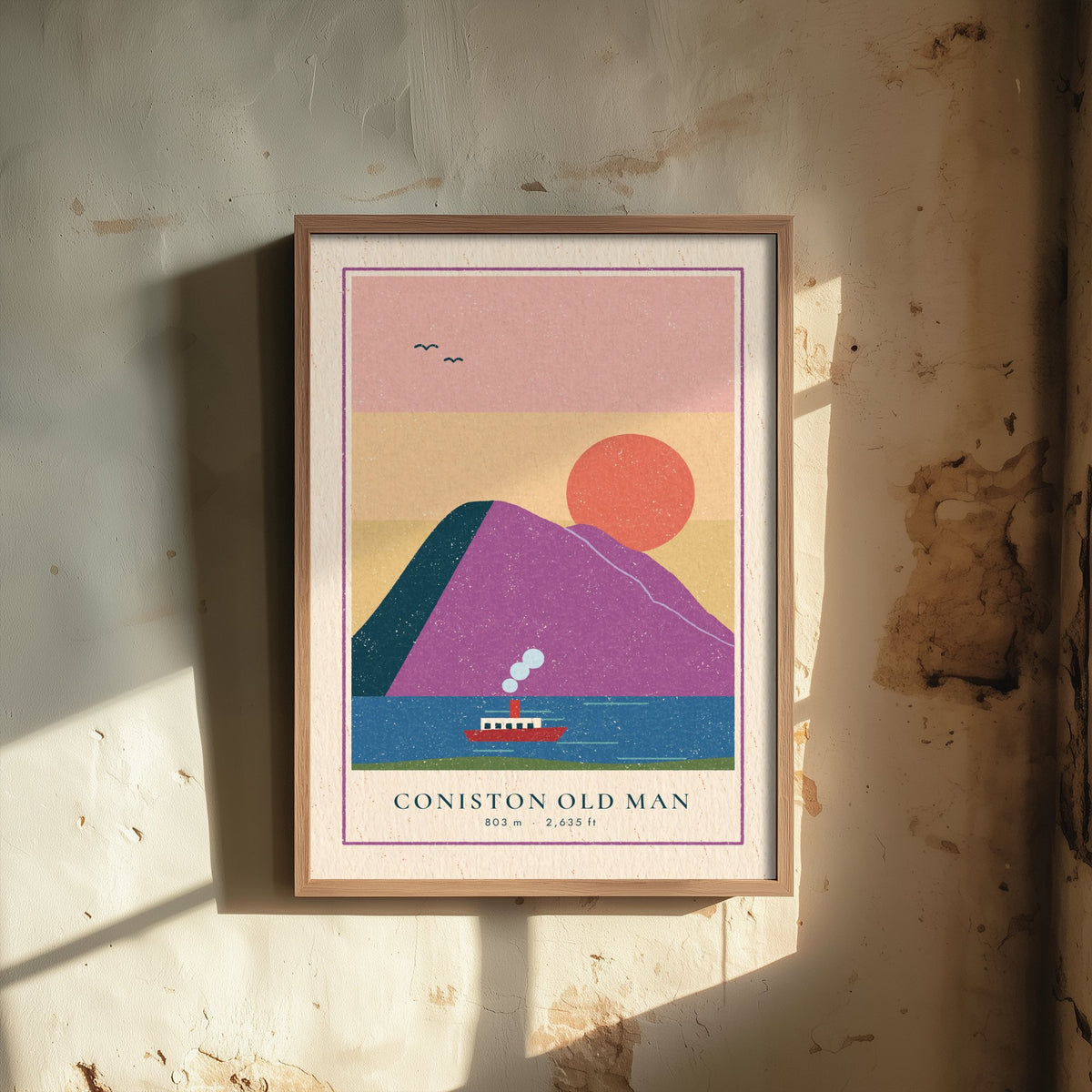 Coniston Old Man Art Print - Steam Boat on the Lake Poster - Pink Sunset Woodcut V2 2/3