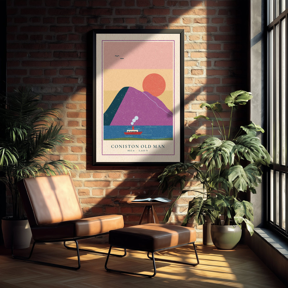 Coniston Old Man Art Print - Steam Boat on the Lake Poster - Pink Sunset Woodcut V2 2/3