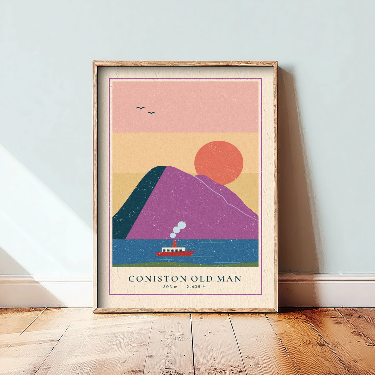 Coniston Old Man Art Print - Steam Boat on the Lake Poster - Pink Sunset Woodcut V2 2/3