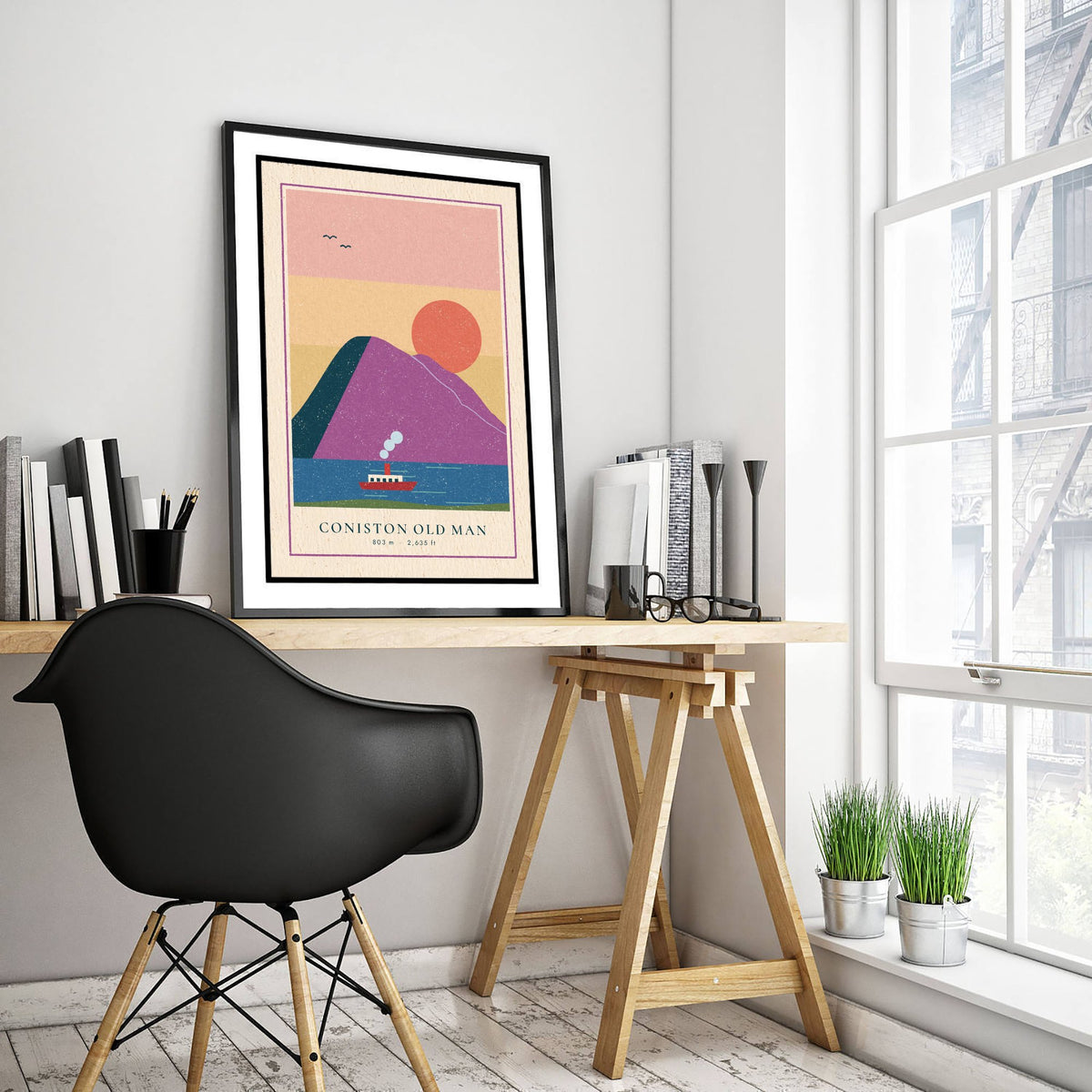 Coniston Old Man Art Print - Steam Boat on the Lake Poster - Pink Sunset Woodcut V2 2/3