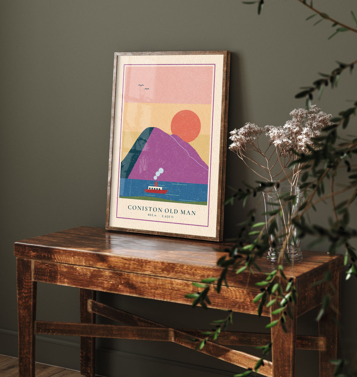 Coniston Old Man Art Print - Steam Boat on the Lake Poster - Pink Sunset Woodcut V2 2/3