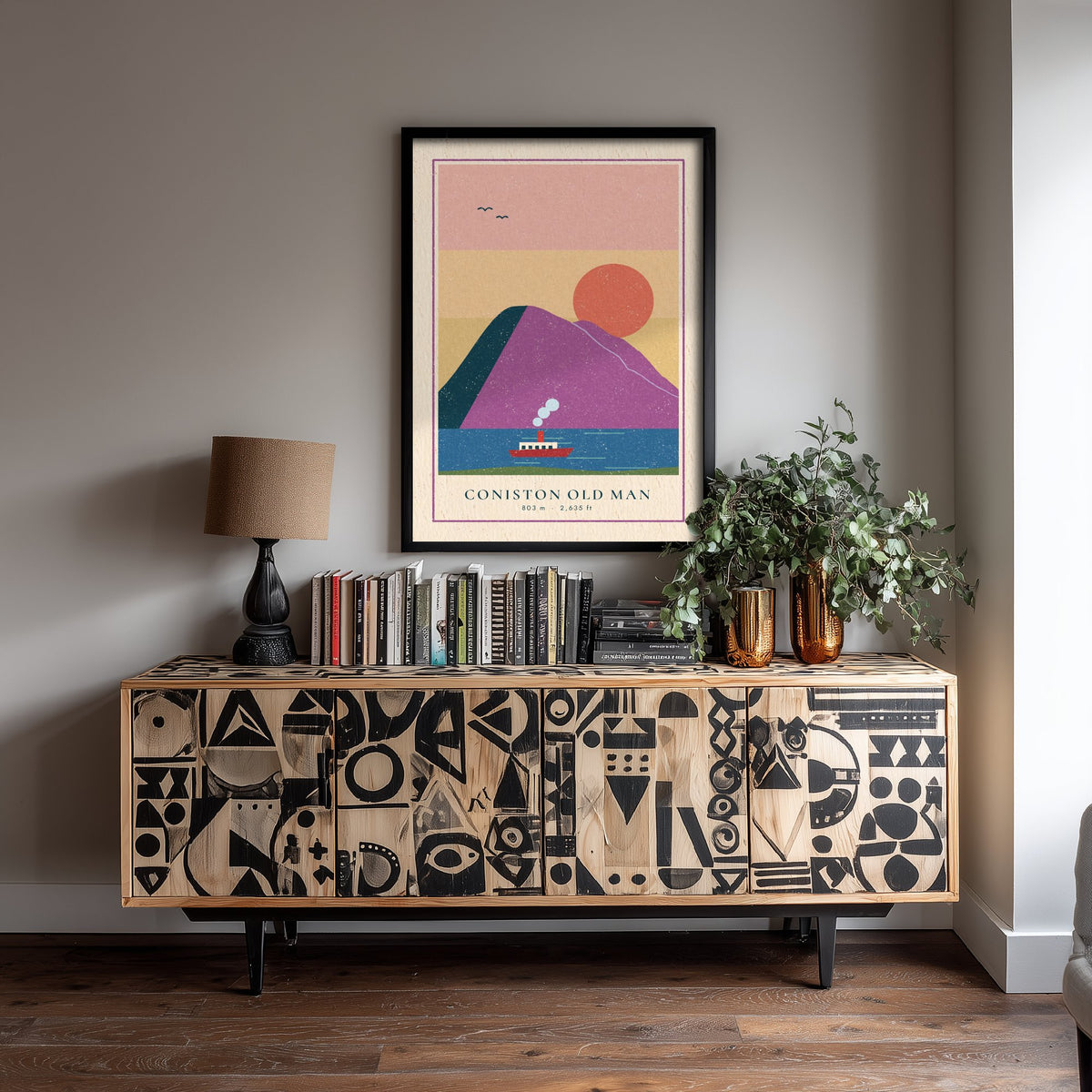 Coniston Old Man Art Print - Steam Boat on the Lake Poster - Pink Sunset Woodcut V2 2/3