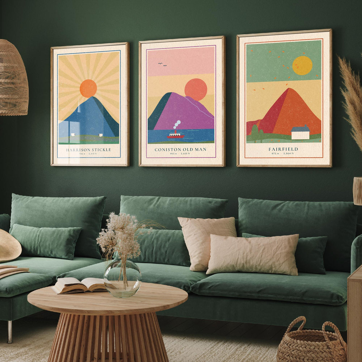 Lakeland Fells Set of Three Art Prints - Harrison Stickle, Coniston Old Man, Fairfield - Linocut Style Poster Illustration V2