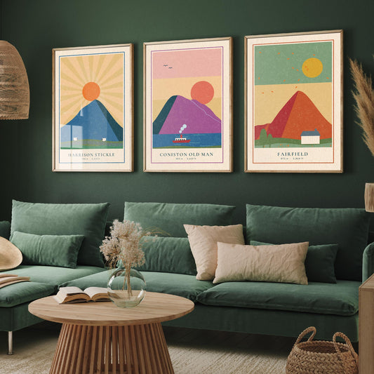Lakeland Fells Set of Three Art Prints - Harrison Stickle, Coniston Old Man, Fairfield - Linocut Style Poster Illustration V2