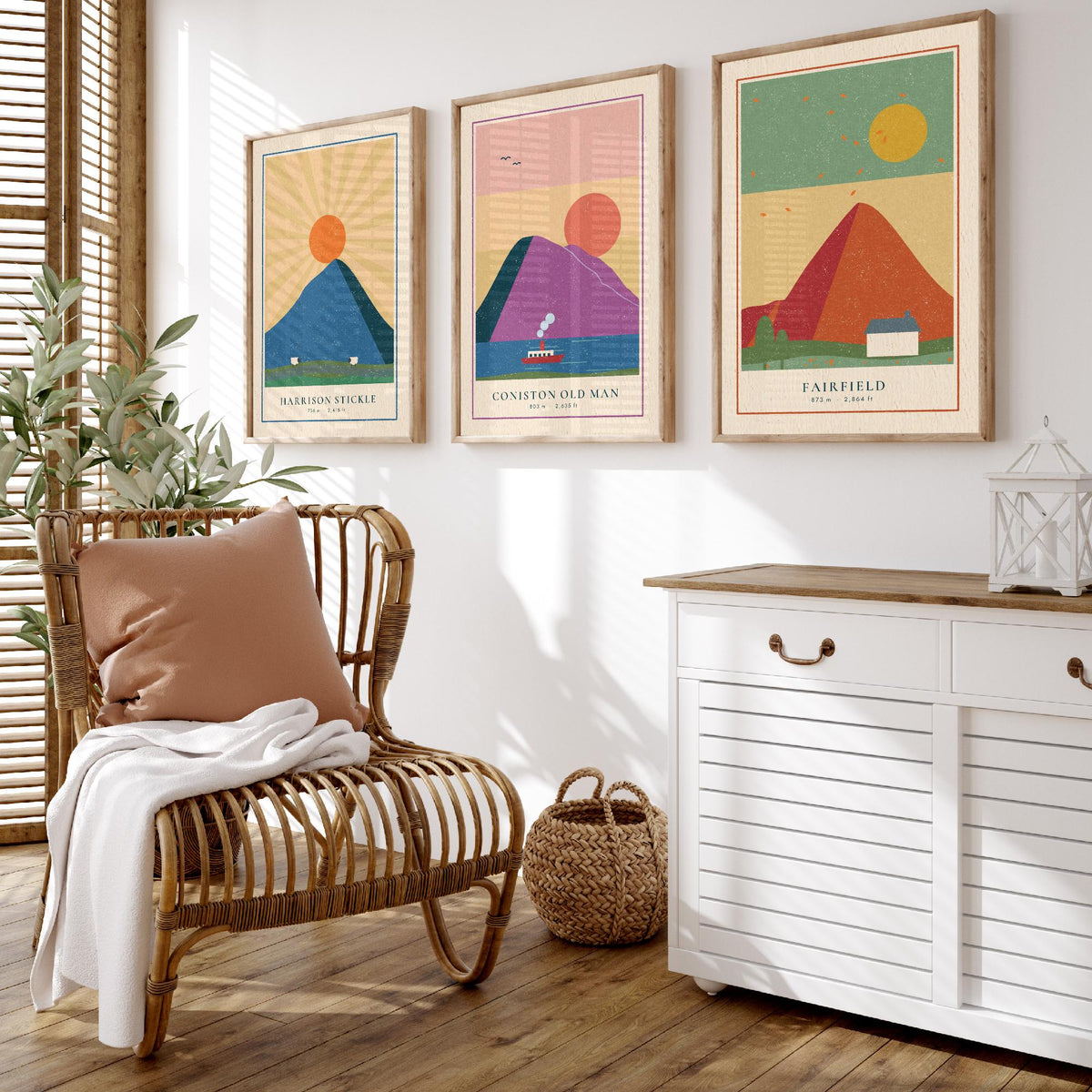 Lakeland Fells Set of Three Art Prints - Harrison Stickle, Coniston Old Man, Fairfield - Linocut Style Poster Illustration V2