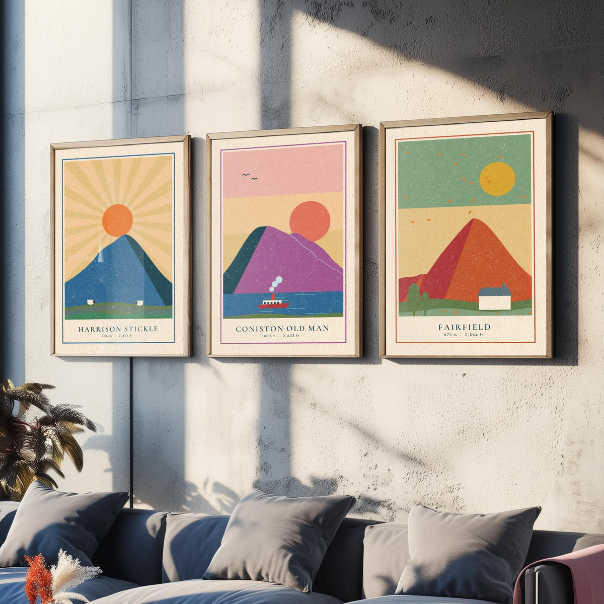 Lakeland Fells Set of Three Art Prints - Harrison Stickle, Coniston Old Man, Fairfield - Linocut Style Poster Illustration V2