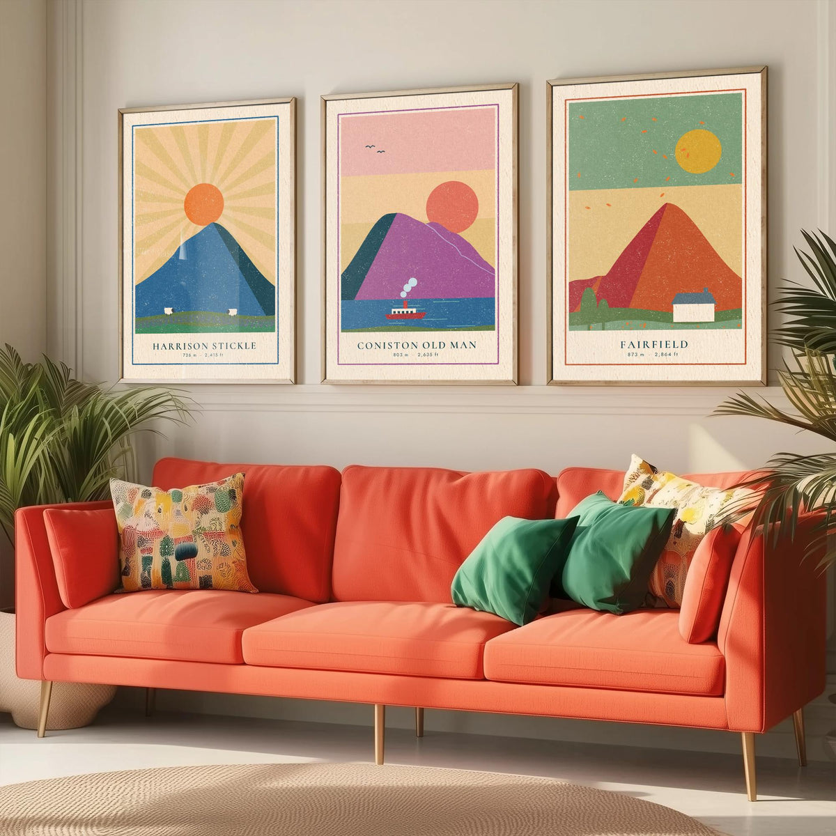 Lakeland Fells Set of Three Art Prints - Harrison Stickle, Coniston Old Man, Fairfield - Linocut Style Poster Illustration V2