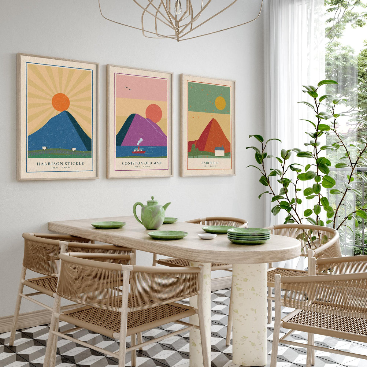Lakeland Fells Set of Three Art Prints - Harrison Stickle, Coniston Old Man, Fairfield - Linocut Style Poster Illustration V2