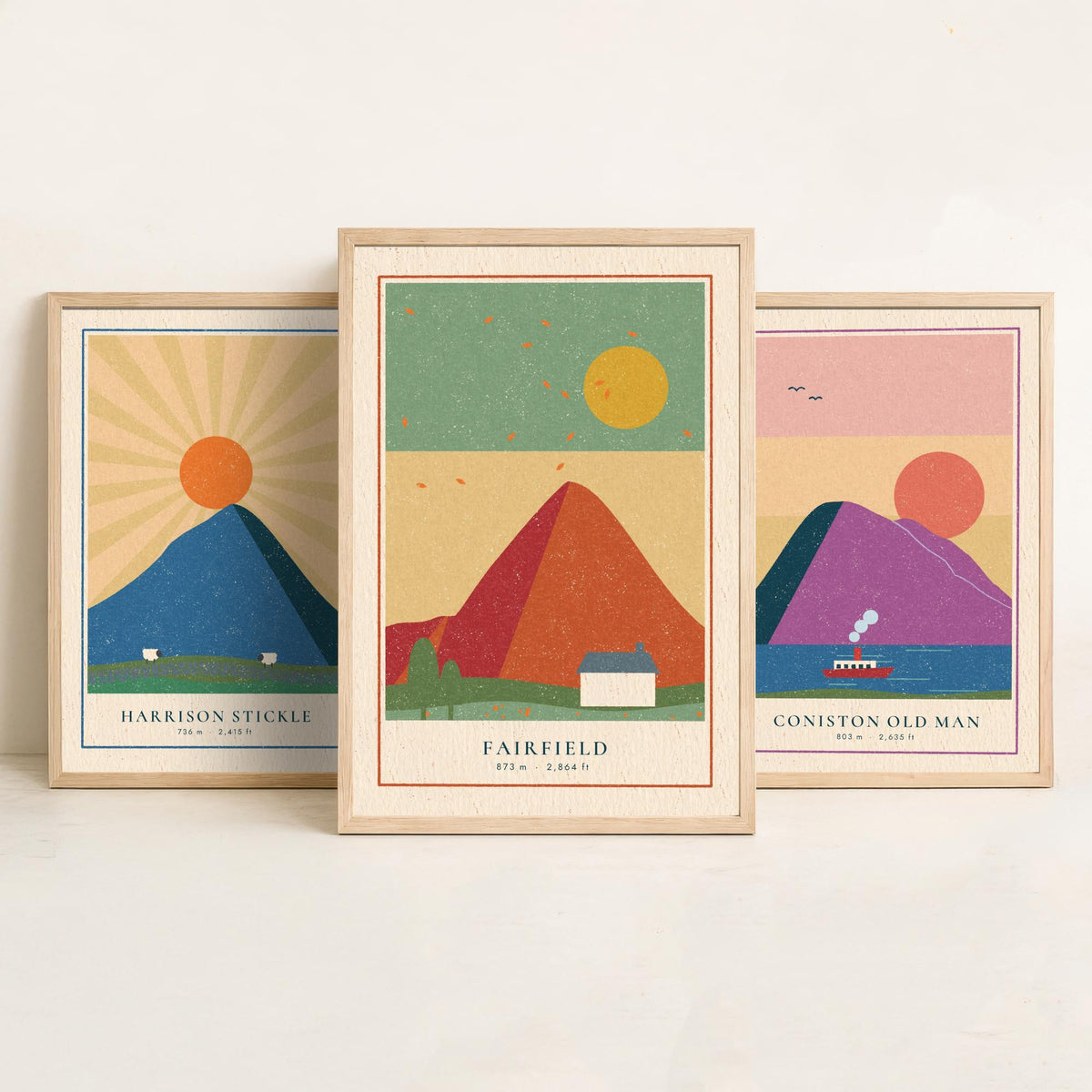 Lakeland Fells Set of Three Art Prints - Harrison Stickle, Coniston Old Man, Fairfield - Linocut Style Poster Illustration V2