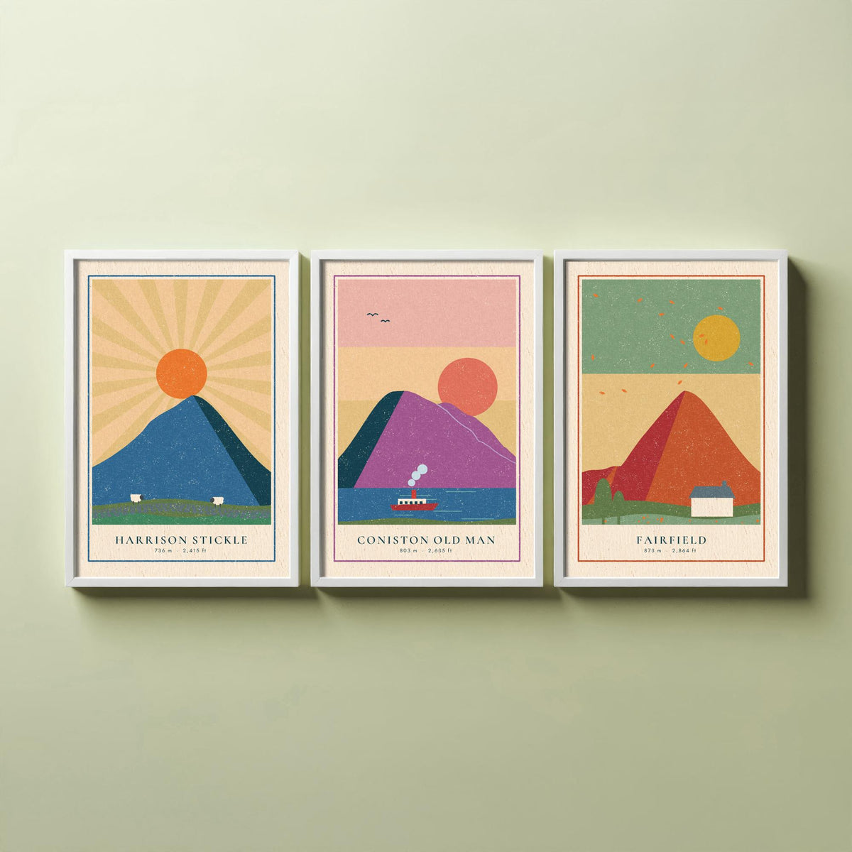 Lakeland Fells Set of Three Art Prints - Harrison Stickle, Coniston Old Man, Fairfield - Linocut Style Poster Illustration V2