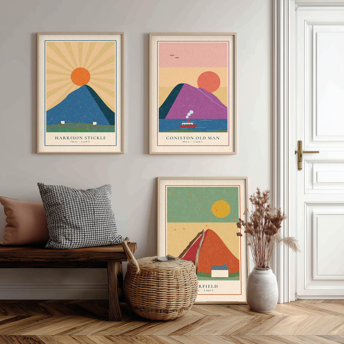 Lakeland Fells Set of Three Art Prints - Harrison Stickle, Coniston Old Man, Fairfield - Linocut Style Poster Illustration V2