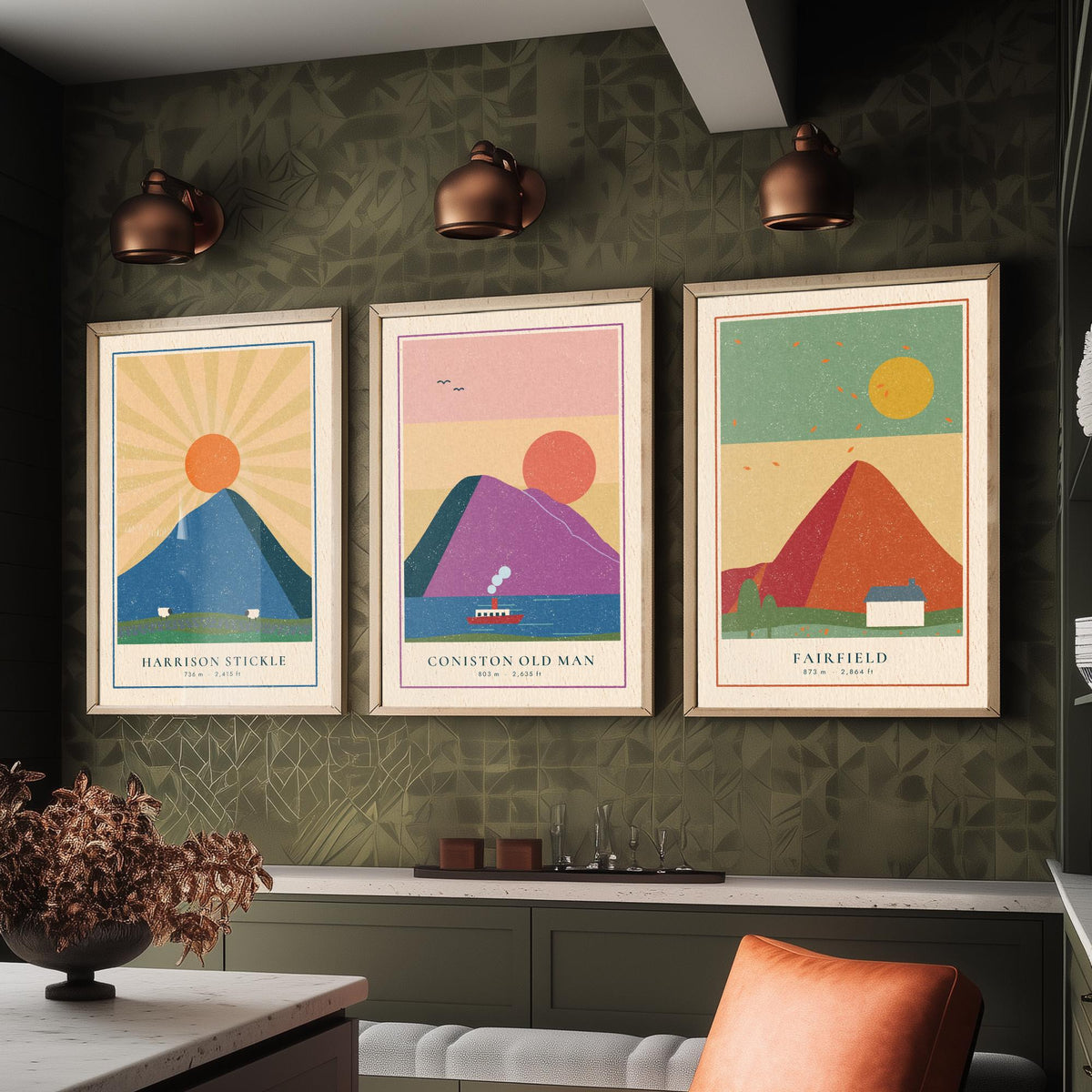 Lakeland Fells Set of Three Art Prints - Harrison Stickle, Coniston Old Man, Fairfield - Linocut Style Poster Illustration V2